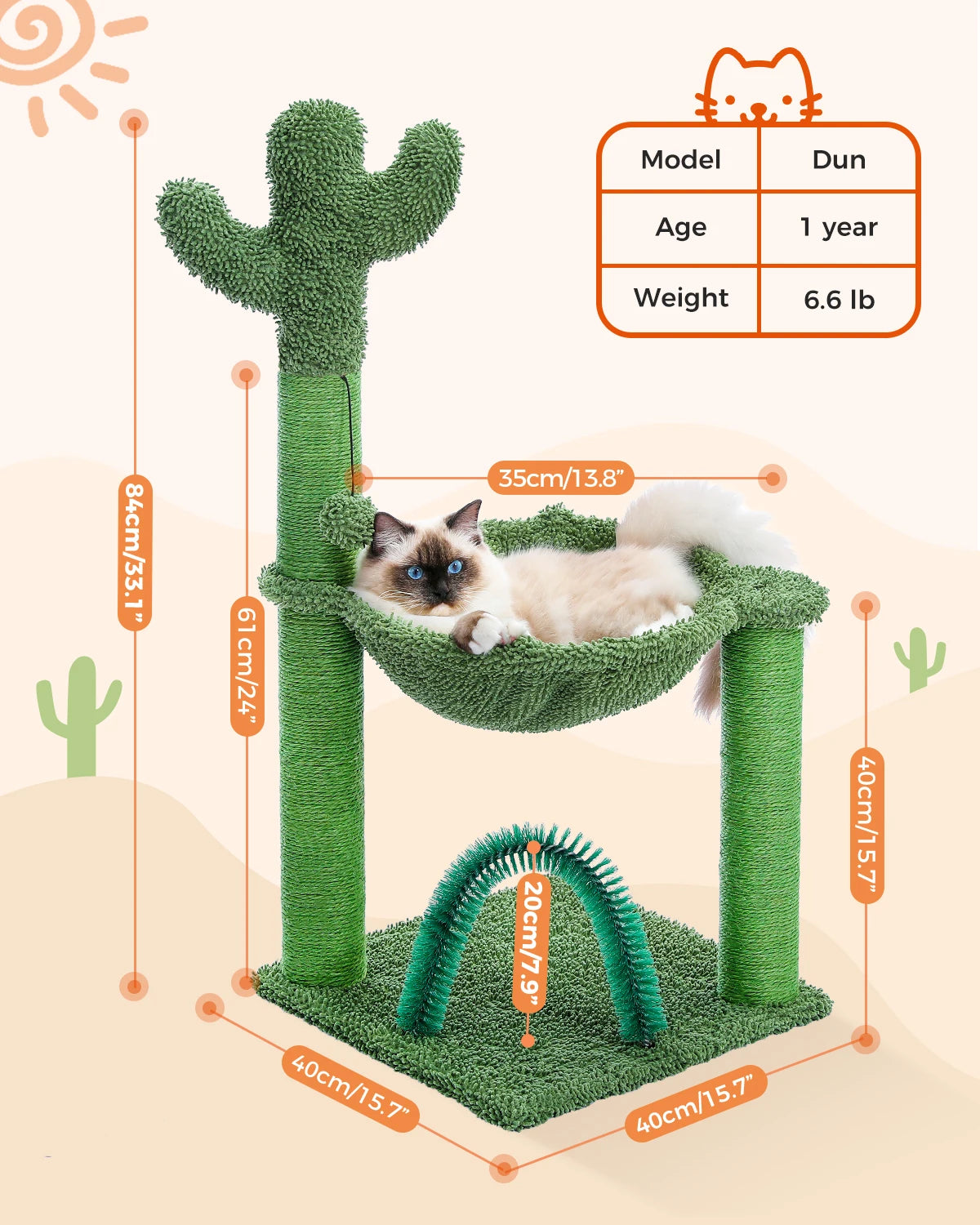 Cactus Cat Tree 33 Inch - Cat Tower with Sisal Scratching Posts and Cozy Hammock 🐾