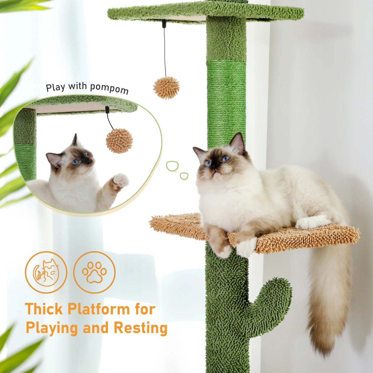 Cactus Cat Tree 5 Levels - Floor to Ceiling Climbing Tower with Scratching Posts and Hammock 🐾
