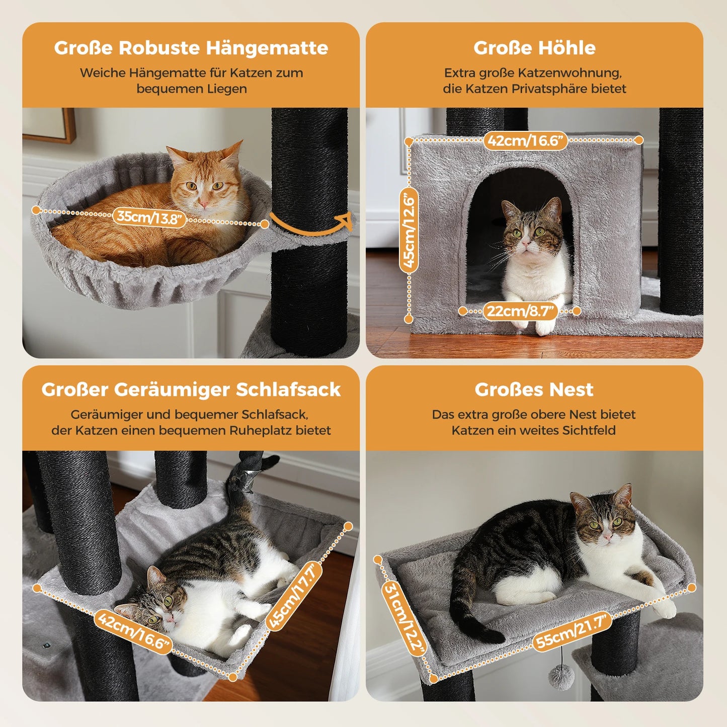 XXL-Kratzbaum für große Katzen – Robuster Turm mit Hängematte, Sitzstangen und Sisalpfosten 🐾
