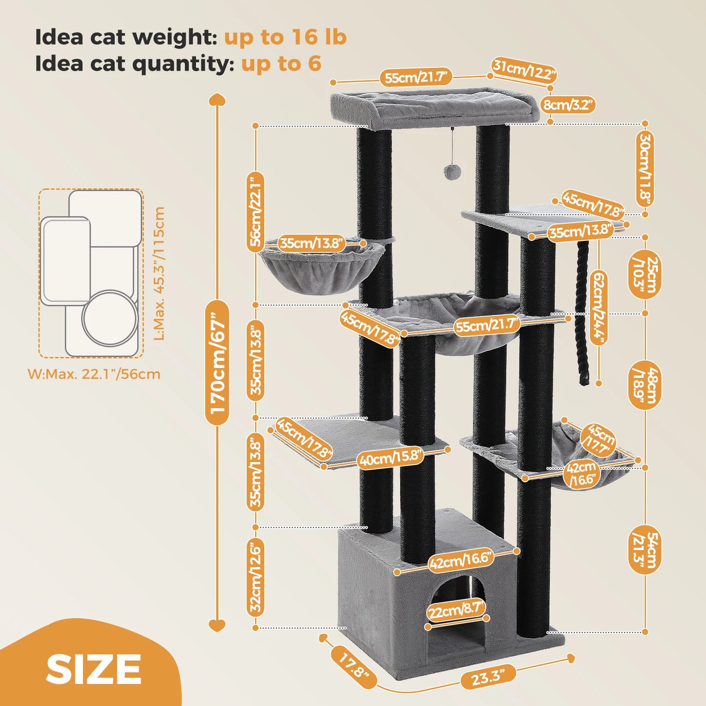 XXL-Kratzbaum für große Katzen – Robuster Turm mit Hängematte, Sitzstangen und Sisalpfosten 🐾