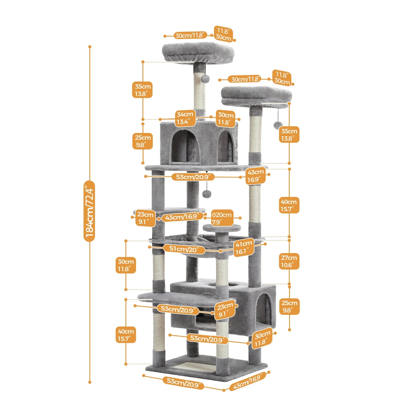 Grand Arbre à Chat XXL - Tour de 184 cm avec Hamac, Griffoirs et Condos Spacieux