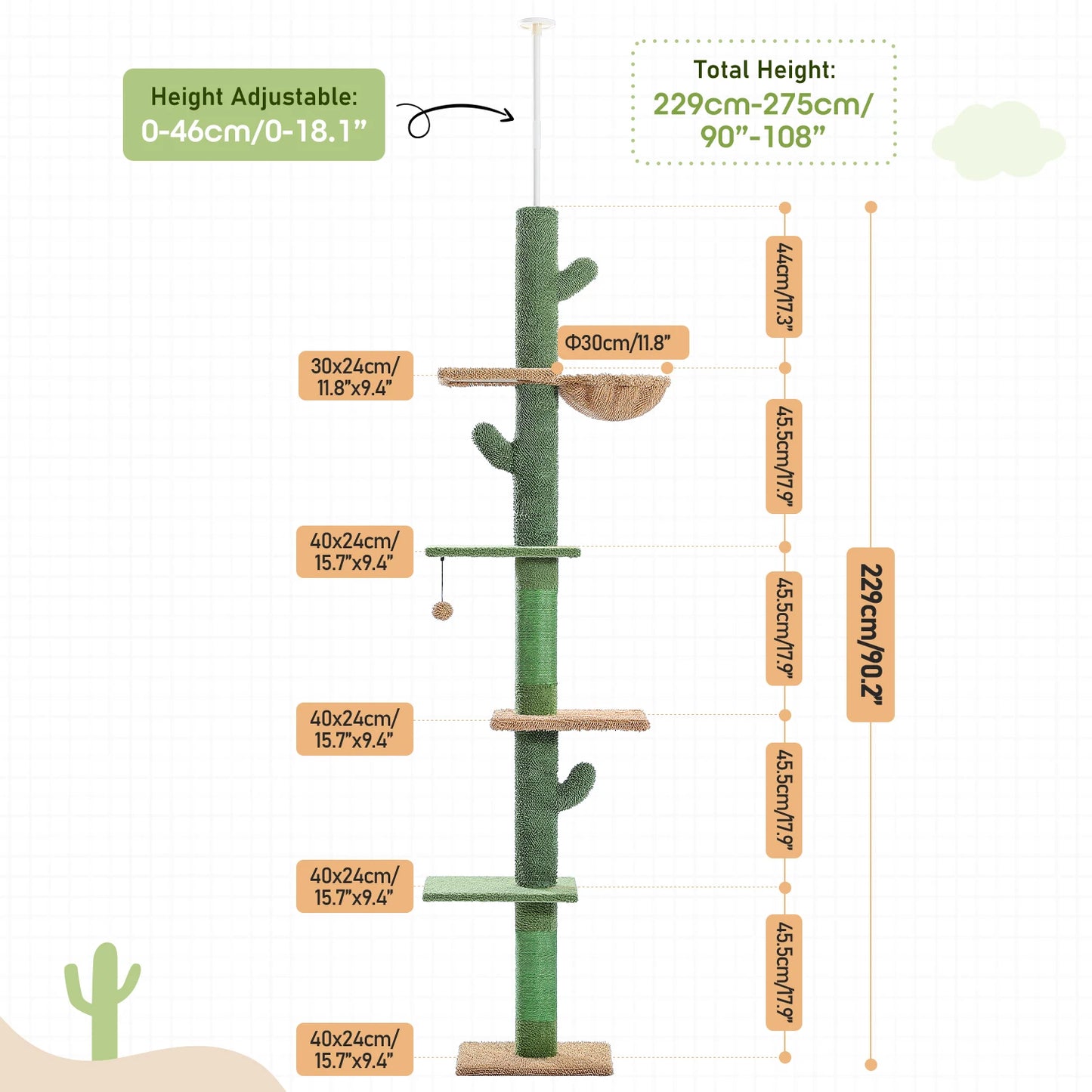 Arbre à Chat Cactus 5 Niveaux - Tour Grimpante du Sol au Plafond avec Griffoirs et Hamac