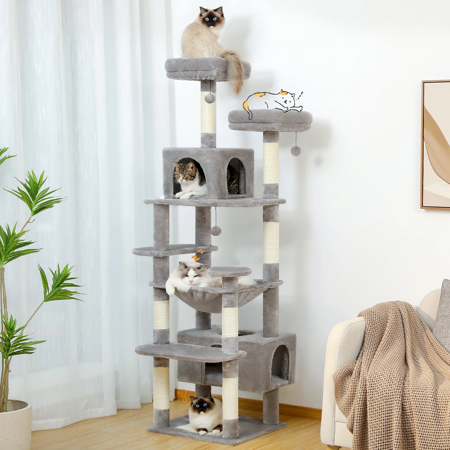 Grand Arbre à Chat XXL - Tour de 184 cm avec Hamac, Griffoirs et Condos Spacieux